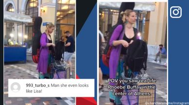 Netizens spot Phoebe Buffay from Friends in Greece, Athens, Friends show, American sitcom, Lisa Kudrow, musician, guitar, viral, trending, Indian Express