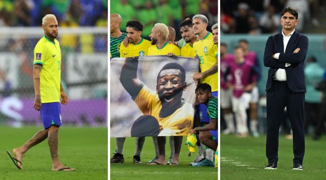 (L-R) Neymar on the pitch after the match as Brazil progress to the quarter finals; 	Brazil's players shows a banner in support of Brazilian soccer legend Pele;  Croatia coach Zlatko Dalic (AP | Reuters)