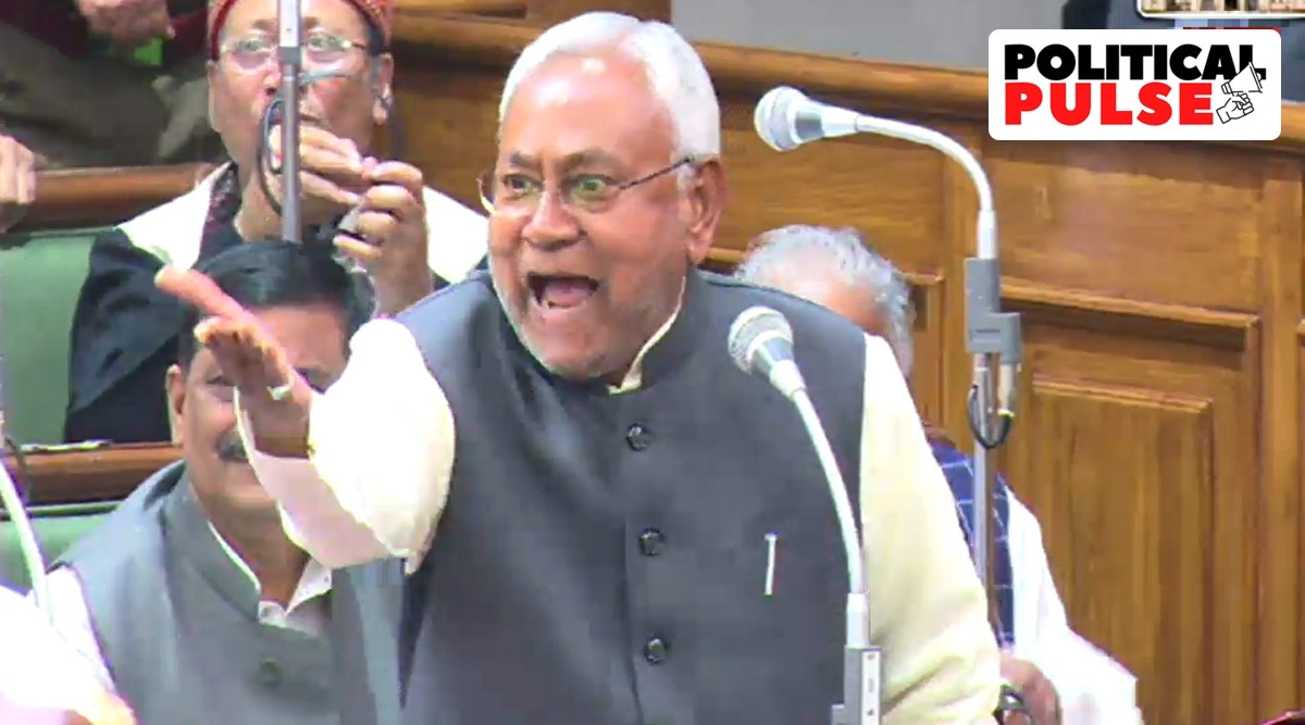 Bihar Chief Minister Nitish Kumar reacts as he responds to the Opposition on the hooch tragedy, in the state Assembly on Wednesday. (PTI)