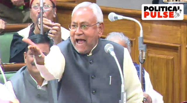 Bihar Chief Minister Nitish Kumar reacts as he responds to the Opposition on the hooch tragedy, in the state Assembly on Wednesday. (PTI)