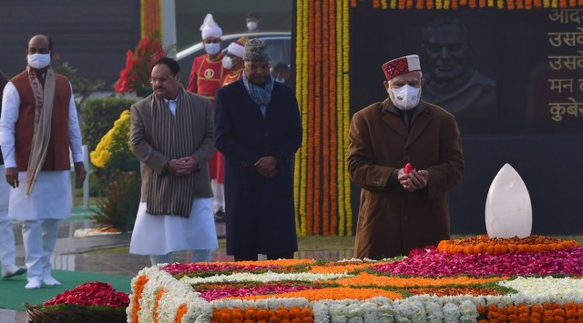 PM Narendra Modi and others pay tributes to Atal Bihari Vajpayee on his 98th birth anniversary, at the former PM’s memorial in New Delhi, Sunday. (Express photo by Amit Mehra)