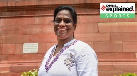 PT Usha, the new IOA President, standing outside the Rajya Sabha after he nomination in 2022.