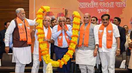 Gujarat Chief Minister-designate Bhupendra Patel during a meeting of newly-elected BJP MLAs, at BJP headquarters 'Kamalam' in Gandhinagar, Saturday, Dec. 10, 2022. Defence Minister Rajnath Singh, Gujarat BJP President CR Paatil and senior party leader BS Yediyurappa are also seen. (PTI Photo)