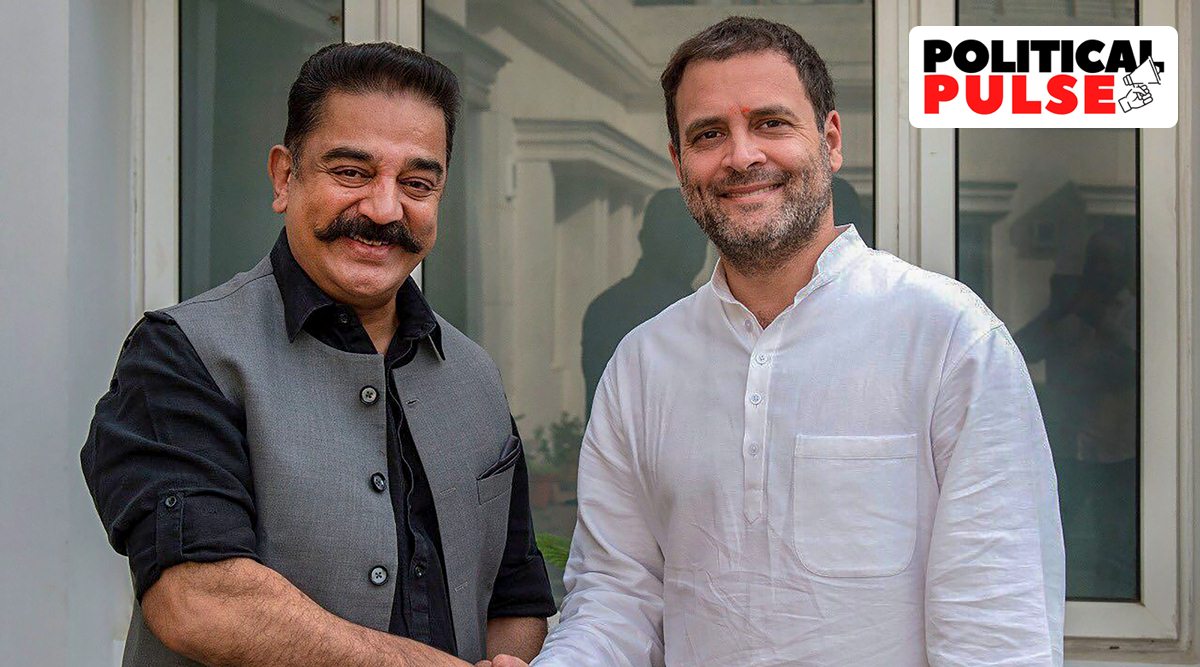 In 2018 file photo Congress leader Rahul Gandhi and actor-turned politician Kamal Haasan shake hands during a meeting in New Delhi. (PTI Photo) 