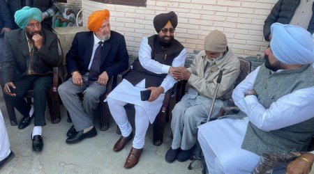 Congress leaders Partap Singh Bajwa and Vikramjit Singh Chaudhary met the families of slain cloth merchant Timmy Chawla and Constable Mandeep Singh on Monday. (Twitter/ @Partap_Sbajwa)