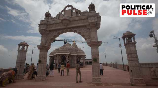 Security arrangements at the renovated Kalikamata temple in Pavagadh ahead of its inauguration in June this year. (Express Photo: Bhupendra Rana/File)