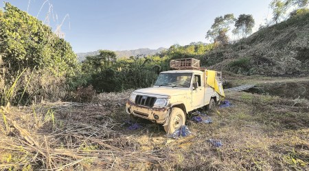 The pickup truck, which came under fire from the Army personnel, hasn't been moved from the site of the incident. (Express Photo by Tora Agarwala)