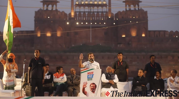 Congress leader Rahul Gandhi addressing crowd of supporters as Bharat Jodo Yatra reaches Red Fort in New Delhi on Saturday (Express/Chitral Khambati)