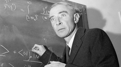 blacn and white image of nuclear scientist Robert oppenheimer