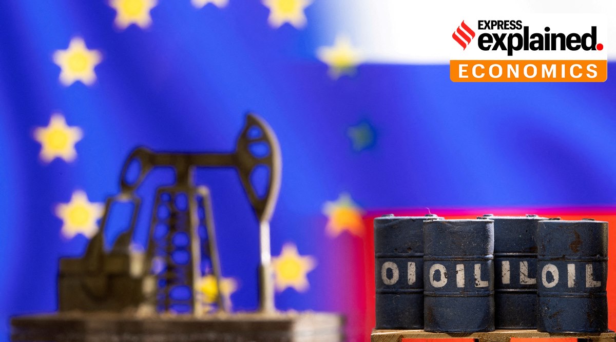 Models of oil barrels and a pump jack are seen in front of displayed EU and Russia flag colours in this illustration taken March 8, 2022. (Reuters Photo: Dado Ruvic)