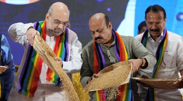 Union Home and Cooperative Minister Amit Shah with Karnataka Chief Minister Basavaraj Bommai during the Cooperative Conference at Palace Grounds, in Bengaluru, Friday, Dec. 30, 2022. (PTI Photo/FILE)