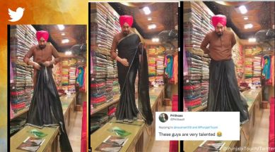 Sikh shopkeeper drapes saree around his waist, Sikh man drapes saree, Pakistan, Gujranwala, Pakistan shopkeeper drapes saree, netizens amazed, Twitter, viral, trending, Indian Express