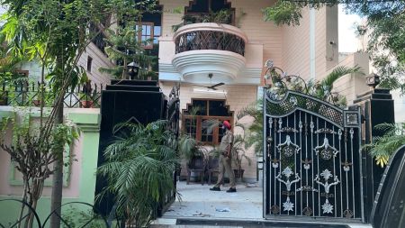 During a raid outside Rakesh Kumar Singhla's house in Rajguru Nagar, Ludhiana. (Express Photo)