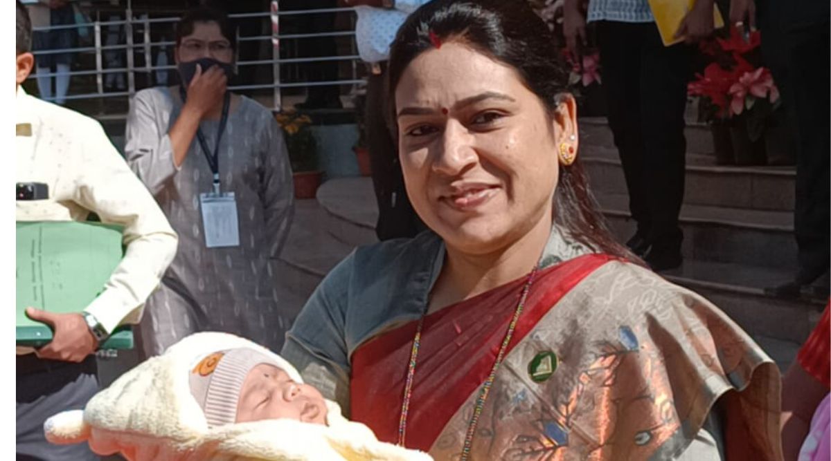 MLA Saroj Ahire Wagh attends winter session with her newborn son. (Express photo)