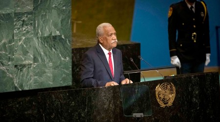 President Nikenike Vurobaravu of Vanuatu addresses the United Nations General Assembly at UN headquarters in New York on Sept. 23, 2022. (Dave Sanders/The New York Times)
