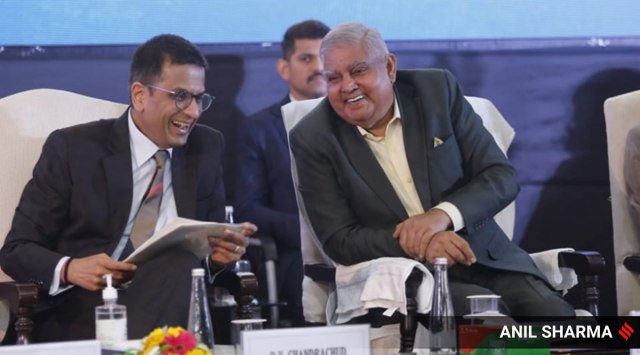 Chief Justice of India D Y Chandrachud and Vice-President 
Jagdeep Dhankhar in New Delhi on Friday. (Express Photo by Anil Sharma)