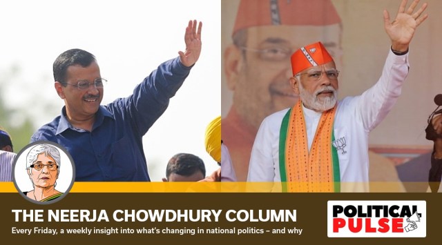 AAP chief Arvind Kejriwal and Prime Minister Narendra Modi at rallies in Gujarat's Ahmedabad and Kheda, respectively. (Express Photos by Chitral Khambati and Nirmal Harindran)