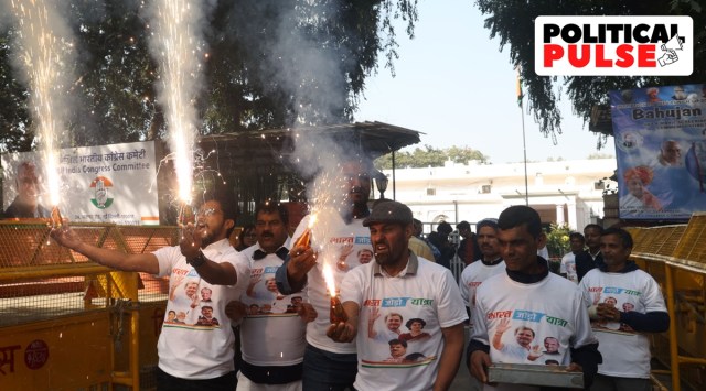 Congress workers celebrates at AICC headquarter in New Delhi. (Express Photo By Amit Mehra)