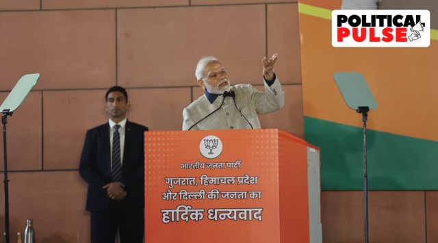In Himachal Pradesh, where the Congress emerged victorious, Modi said the difference was less than 1% votes. (Express Photo by Tashi Tobgyal)