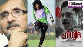 (L-R) Malayalam author N S Madhavan, former Colombian footballer René Higuita and a poster of Hemanth G Nair's upcoming film Higuita.