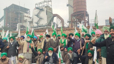 At the protest site in Zira, Thursday. (Express Photo) 