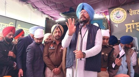 Punjab Agriculture Minister Kuldeep Singh Dhaliwal in Mansurwal village of Zira constituency. (Express Photo)