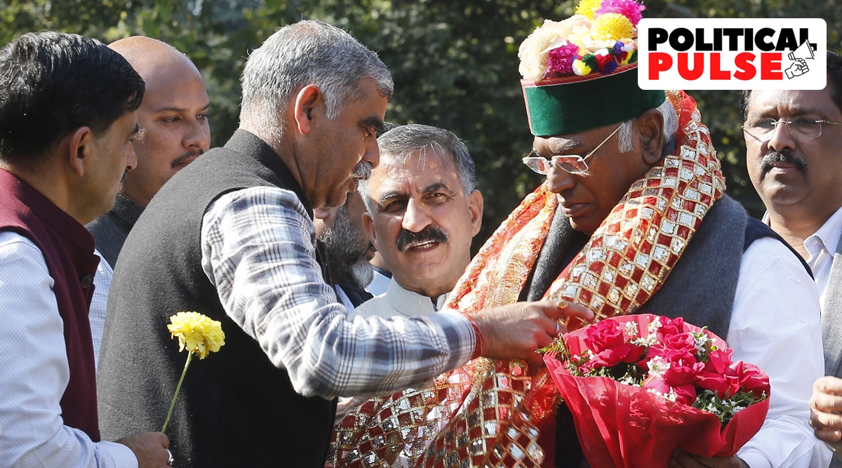 Himachal Pradesh CM Sukhwinder singh Sukhu,deputy CM Mukesh Agnihotri,Pratibha Singh  and other Congress MLAs meet Mallikarjun Kharge at his residence in new Delhi on Thursday. (Express photo by Anil Sharma)