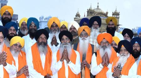 Re-elected SGPC President Harjinder Singh Dhami with others. (Express photo by Rana Simranjit Singh)