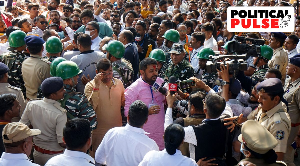 Dharmendrasinh Vaghela celebrates in Vadodara after winning the Waghodia seat defeating BJP candidate Madhu Srivastav. (Express photo by Bhupendra Rana)