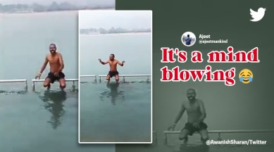 Man offers solution for avoiding cold baths, Vidyut Jammwal ice bath, Man offers proxy dubki solution, how to avoid cold dubki bath in winter, funny viral video india, IAS officer Awanish Sharan tweets, indian express