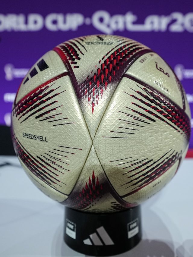 The Al Rihla, official Adidas match ball for Qatar 2022 is pictured at the FIFA World Cup closing press conference in Doha, Qatar, Friday, Dec. 16, 2022. (AP Photo/Martin Meissner)