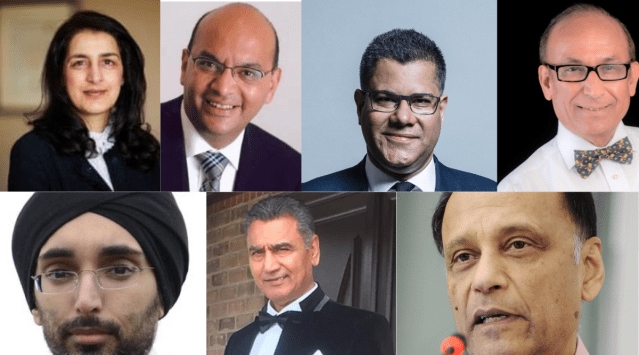Clockwise from top-left: Prof Robina Shah, Prof Mayur Keshavji Lakhani, British MP Alok Sharma, Dr Ramesh Dulichandbhai Mehta, Prof. Partha Sarathi Dasgupta, Jagraj Singh Sran and Jasvir Singh