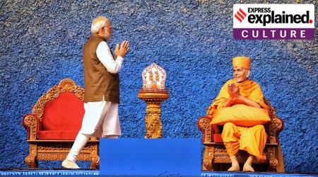 Prime Minister Narendra Modi along with Mahant Swami Maharaj of Swaminarayan Sanstha after inauguration of Pramukh Swami Maharaj Nagar as part of Pramukh Swami Centenary celebration in Ahmedabad. (Express photo by Nirmal Harindran)