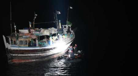 After getting intelligence input from the ATS, the Coast Guard deployed its patrolling ship Arinjay close to the notional International Maritime Boundary Line (IMBL) at the Arabian Sea and apprehended the boat and its crew early on Monday after firing warning shots at it. (Photo: Indian Coast Guard)