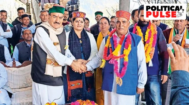 Kaul Singh Thakur (left) campaigns in Darang constituency of Mandi district. (Express Photo)