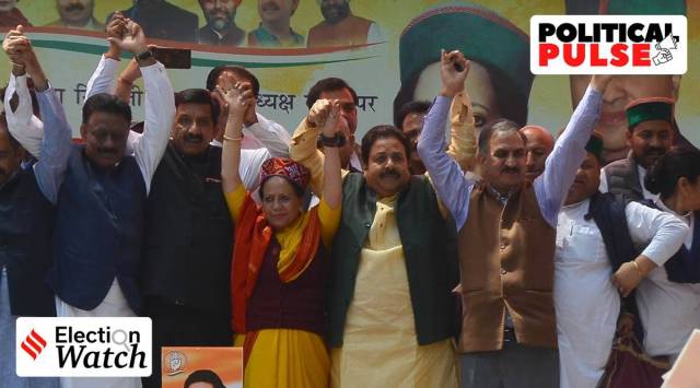 Himachal Congress leaders Pratibha Singh (middle) Mukesh Agnihotri (second from left) and Sukhvinder Sukhu (right) are among the CM candidates. (Express Photo by Pradeep Kumar)