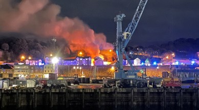 A general view of fire and smoke in Saint Helier following an explosion on the island of Jersey, Channel Islands (Reuters)