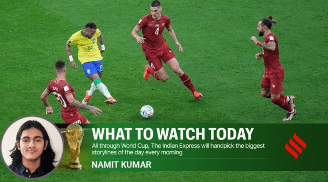 Neymar kicks the ball among three Serbian players during the World Cup match between Brazil and Serbia. (AP photo)