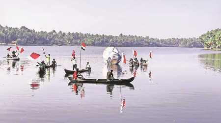 An enlarged replica of the World Cup ball floats in the Enamakkal lake in Kettungal village. (Special arrangement)
