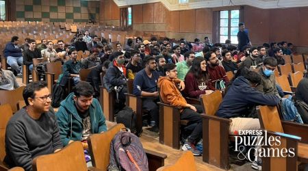 crowd at an offline quiz competition oktoberfest at miranda house college in delhi, india