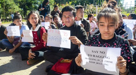 Students of Dibrugarh University stage a protest outside the administrative building of the university after a student of the university got injured in an alleged case of ragging, in Dibrugarh, Monday, Nov. 28, 2022. (Photo: PTI)