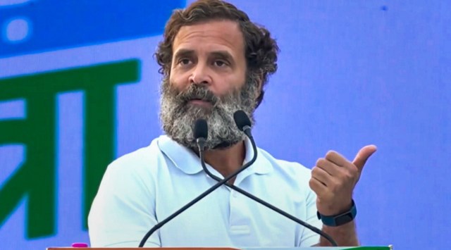 Congress leader Rahul Gandhi addresses a public meeting during the Bharat Jodo Yatra, in Alwar, Monday, Dec. 19, 2022. (PTI Photo)