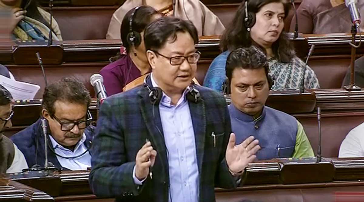 Union Minister for Law and Justice Kiren Rijiju speaks in the Rajya Sabha during Winter Session of Parliament, in New Delhi. (PTI Photo)