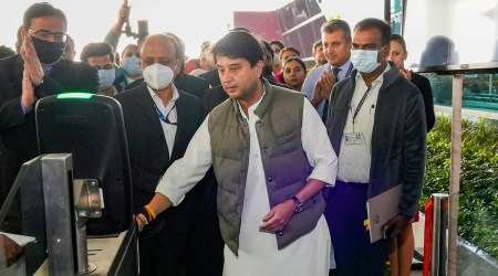 Union Minister for Civil Aviation Jyotiraditya Scindia during the launch of DigiYatra facility at Terminal 3 of Indira Gandhi International Airport in New Delhi, Thursday, Dec. 1, 2022. DigiYatra is conceived to achieve contactless, seamless processing of passengers at airports based on Facial Recognition Technology (FRT). (PTI Photo)