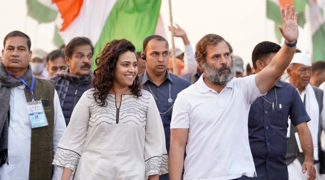 Actor Swara Bhasker joins Congress leader Rahul Gandhi in the Bharat Jodo Yatra as it traverses through Madhya Pradesh's Ujjain. (Photo: Twiiter/@INCIndia)