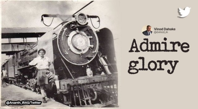 loco pilot, old photograph of loco pilot, railway, trivandrum express, loco pilot infront of trivandrum express, indian express