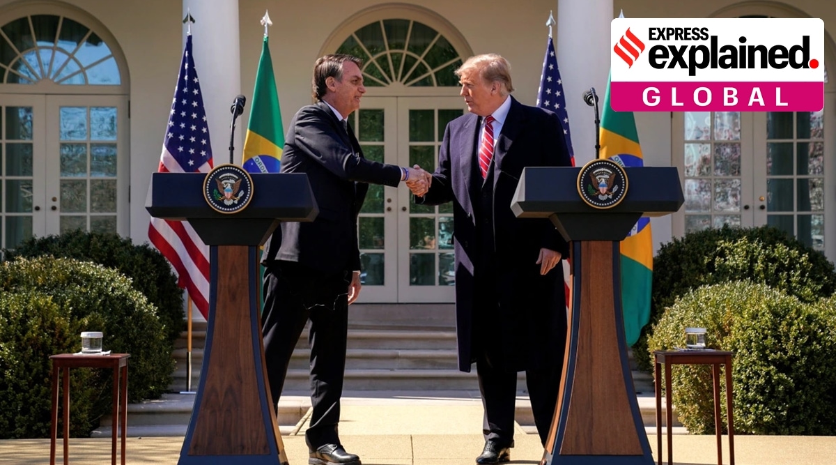 Bolsonaro (left) and Trump shaking hands in front of the White House
