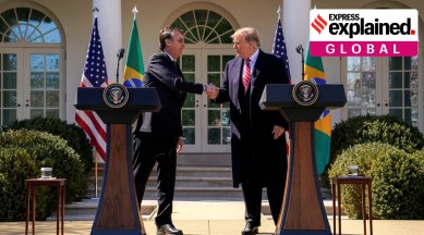 Bolsonaro (left) and Trump shaking hands in front of the White House
