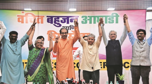 Sena (UBT) party chief Uddhav Thackeray and Vanchit Bahujan Aghadi (VBA) leader Prakash Ambedkar after jointly addressing a press conference regarding their alliance at Ambedkar Bhavan on Monday. (Express Photo by Ganesh Shirsekar)