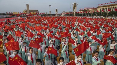 students in china wave flags